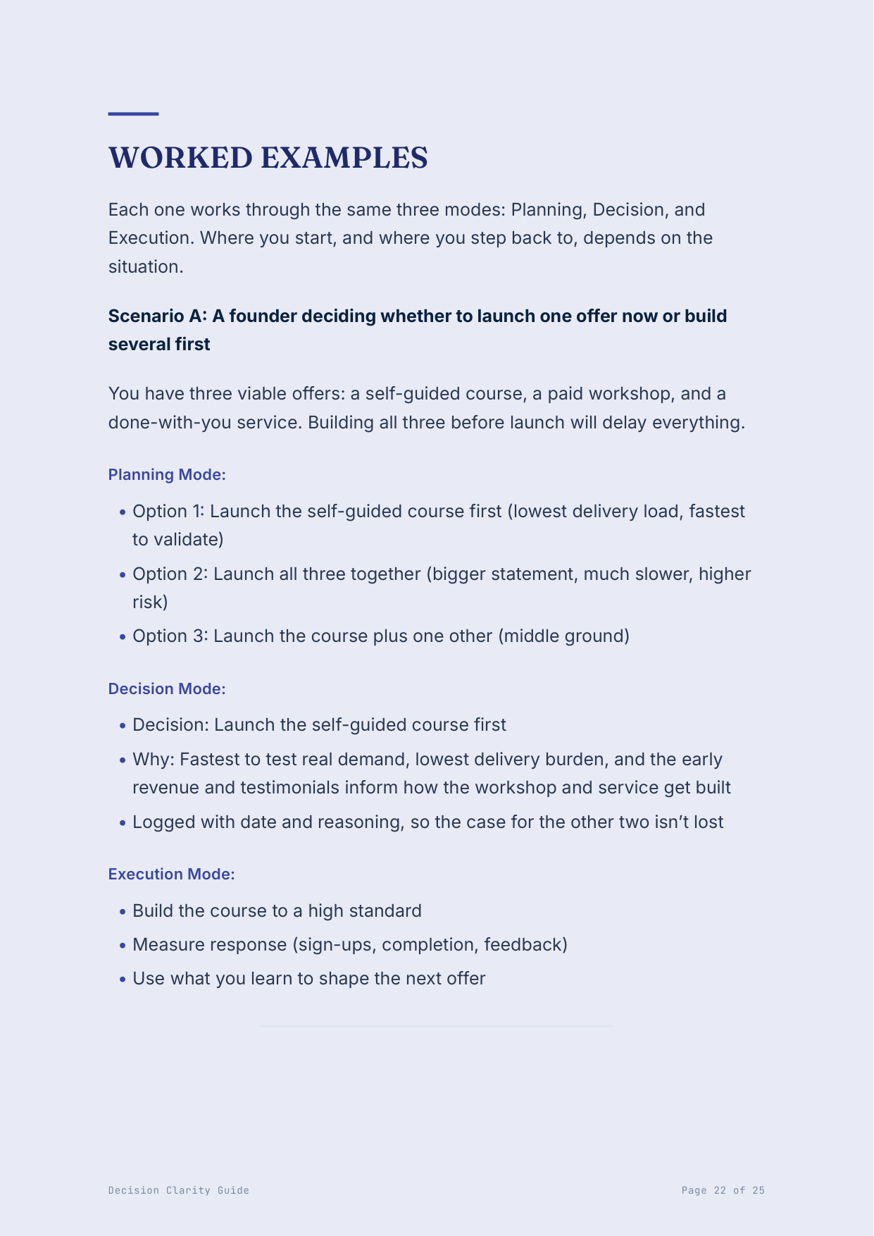 Worked examples — the three modes, on a real decision.
