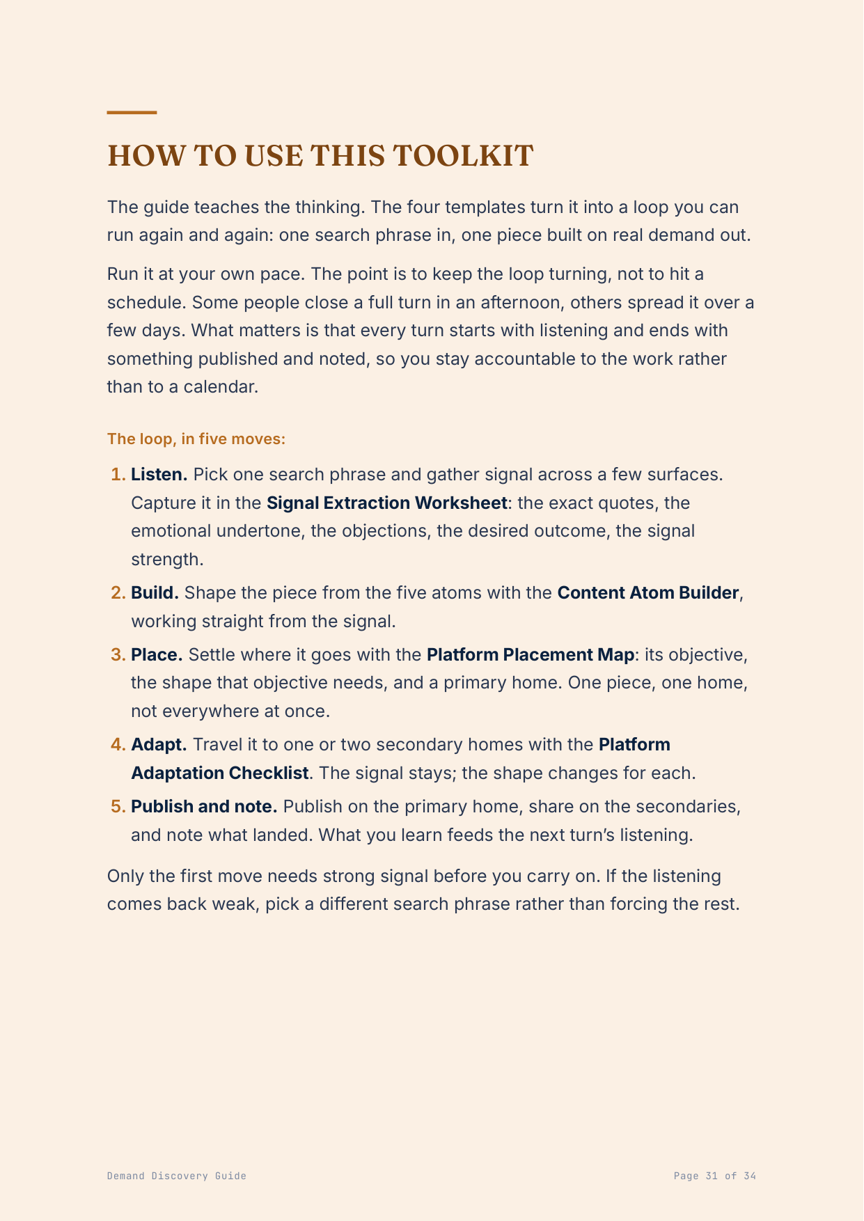 How to run it: Listen, Build, Place, Adapt — one worksheet each.