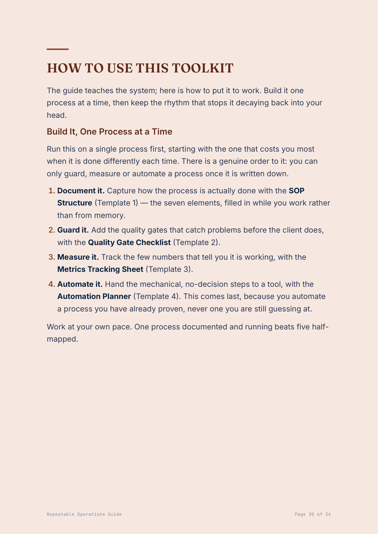 How to run it: Document, Guard, Measure, Automate — one worksheet each.