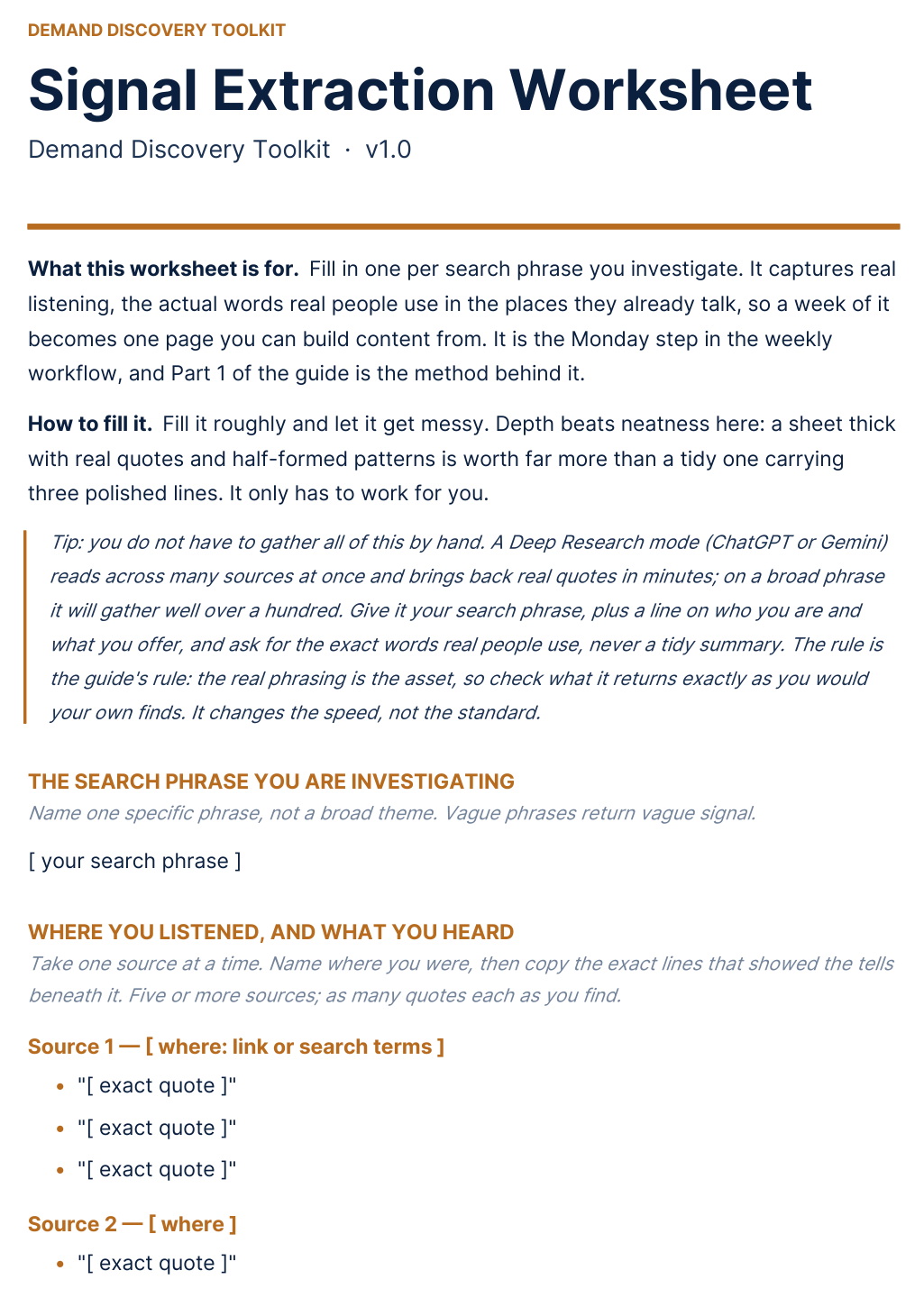 Signal Extraction Worksheet — real audience listening, captured in their own words.