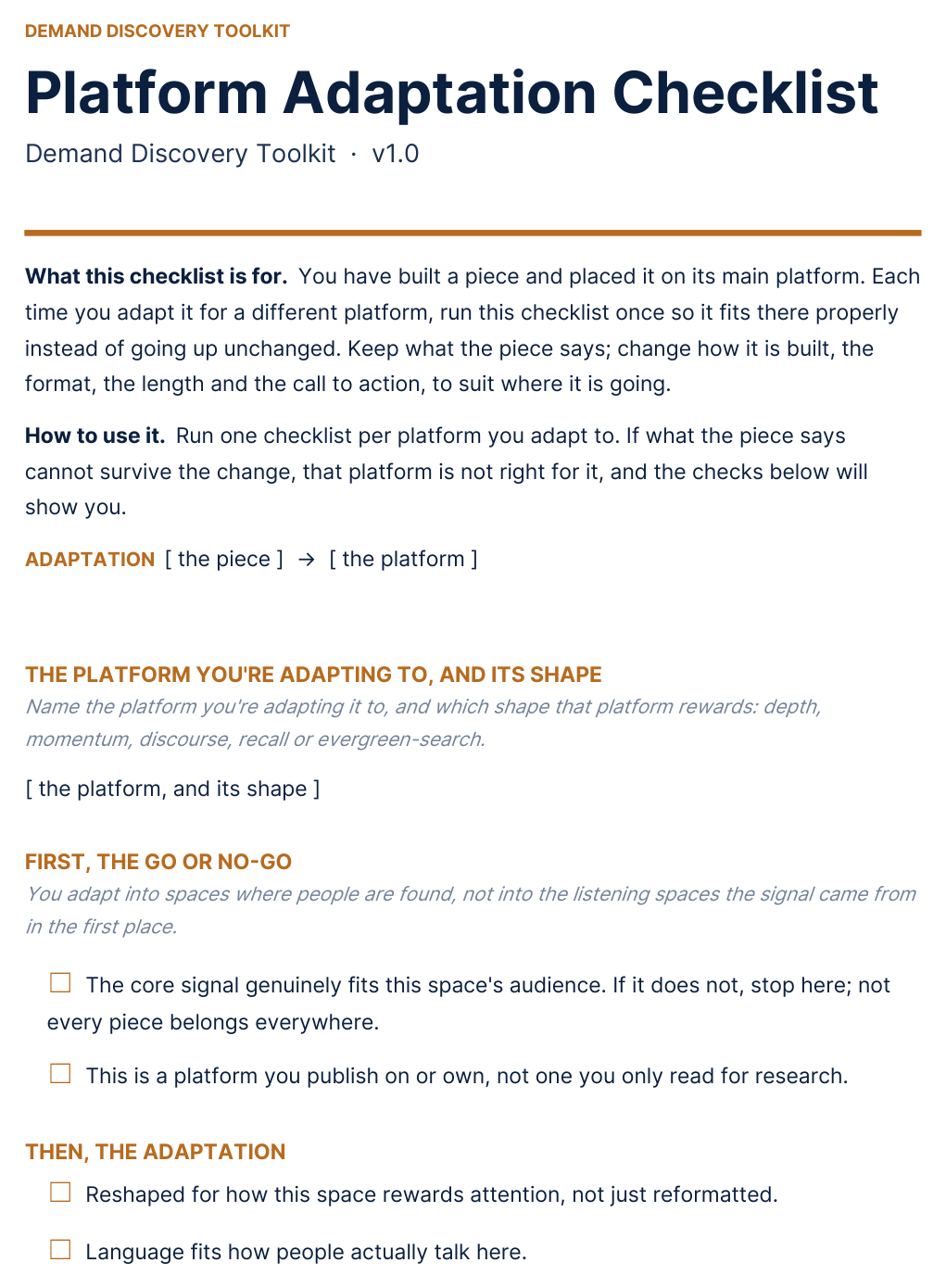 Platform Adaptation Checklist — moving one piece to another platform, cleanly.