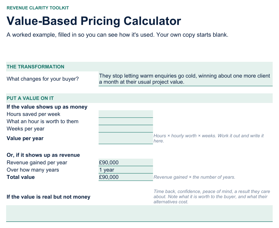 Value-Based Pricing Calculator — price by the result, not the hours.